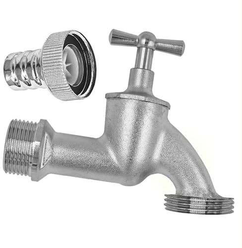 MegaHaustechnik Auslaufventil mit Knebelgriff, Messing matt verchromt, Wandanschluß 1 Zoll AG, Abgang 1 1/4 Zoll Außengewinde AG Außendurchmesser 42mm, Absperrhahn Wasserkran Wasserhahn silber