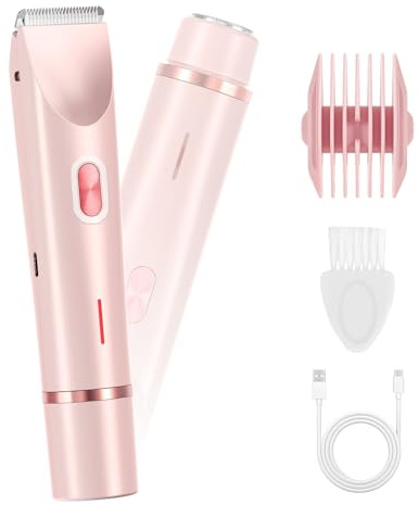 Bikini Trimmer for Women 2 in 1 Dual Head - IPX7 Waterproof Painless Electric Razors for Beauty, Pubic Hair, Face, Legs & Underarms– Portable Cordless Shaver with Fast Charging, Easy Cleaning (Pink)