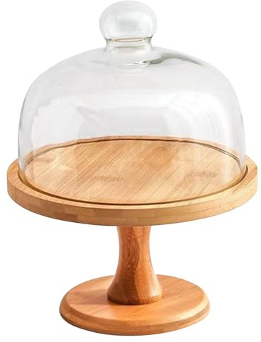 Vistnale Wooden Cake Stand|Cake Stand 8 Inch Wooden with Clear Glass Lid Detachable Dome Multi-functional Holder for Party Dessert Cheese Fruit Display and Storage