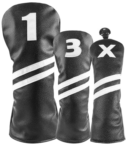 FINGER TEN Golf Club Head Covers Wood 1 3 or 4 Pcs for Driver Fairway Hybrid, PU Leather Covers with Printed Number & Elastic Band Snug Fit Most Clubs for Men Women