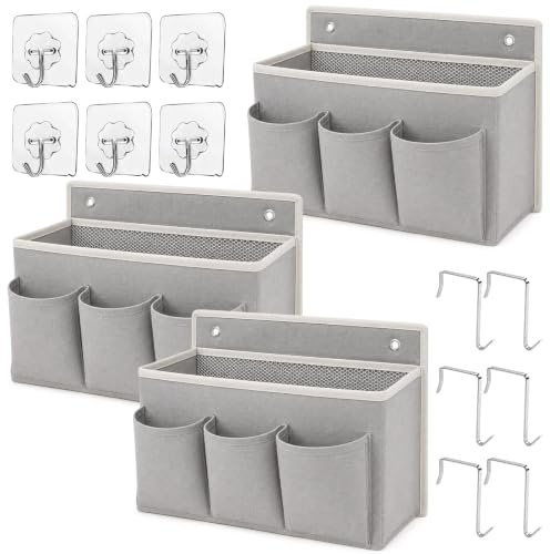 SneiDr 3 Stück Hängeorganizer Grau aus Baumwolle und Leinen mit 5 Fächer | Wand Organizer Tasche mit 12 Haken Hängeorganizer Camping Hängeregal Spind Schmal für Bett Schlafzimmer Wohnmobil Badezimmer