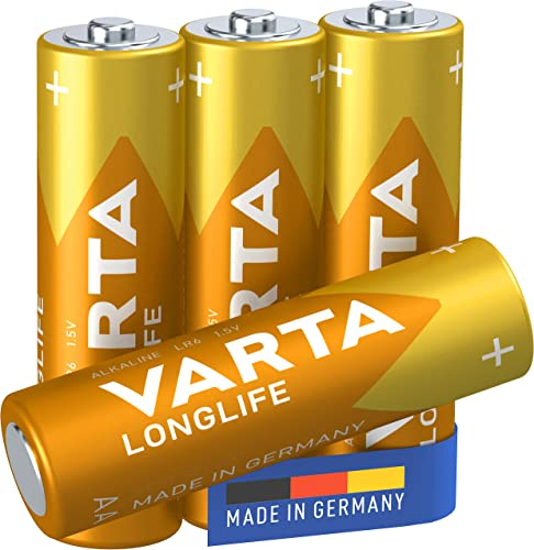 VARTA Piles AA, lot de 4, Longlife, Alcalines, 1,5V, adaptées aux télécommandes, réveils, radios, horloges murales, Made in Germany