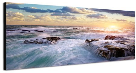 Tosende Brandung Meer 150x50cm Breitbild als Panorama auf Leinwand und Keilrahmen fertig zum aufhängen - Unsere Breitbild als Panoramaer auf Leinwand bestechen durch ihre ungewöhnlichen Formate und dem extrem detaillierten Druck aus bis zu 100 Megapixel hoch aufgelösten Panoramafotos. Damit garantieren unsere Bilder einen fantastischen Bildeindruck, leuchtende Farben und gestochen scharfe Details. Qualität aus Deutschland