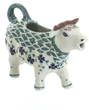 Blue Rose Polish Pottery - Green Sage Floral Cow Creamer - 5 oz Capacity - Ceramic Cream Pitcher in Cow Shape