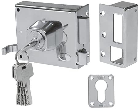 Amig - Serratura da sovrapposizione a destra con leva di chiusura, linguetta e maniglia per porte in legno mod. 73, 100 x 85 mm, Chiusura con cilindro Europrofilo, Acciaio Argento