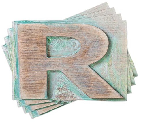 ABAKUHAUS Buchstabe R Platzmatten, Holz Alphabet Block Antik Briefbeschwerer Thema Grunge Display Print, Tiscjdeco aus Farbfesten Stoff für das Esszimmer und Küch, Mintgrün Hellbraun