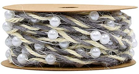 Egurs 5m Jute Schnur Jutegarn Bindegarn Bindeschnur Blumen Geschenkverpackung mit Perlen und Draht für für DIY Kunstgewerbe Gartenarbeit Grau