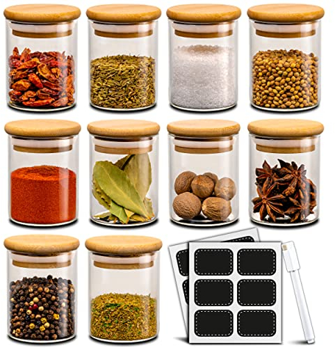 Praknu 10pcs Barattoli Spezie Vetro con Coperchi in Bambù - 120ml Contenitori Spezie per Cucina - Ermetici - con Etichette - Lavabili in Lavastoviglie - Spezie, Erbe e Tè