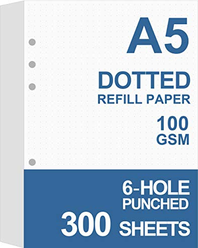 Paquete de 3 recambios de papel A5 punteados para planificador/carpetas/organizador Filofax, papel de hojas sueltas perforadas con 6 agujeros, total 300 hojas/600 páginas, 100 g/m², blanco, 148 x 210