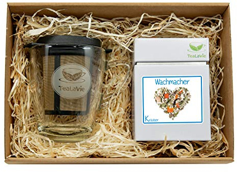 TEALAVIE – Tee Geschenk Set - TeaForOne Set Wachmacher | Stilvolles Tee-Glas mit Dauerfilter und exklusiver Teedose – 60g Kräutertee – Tea-For-One-Set