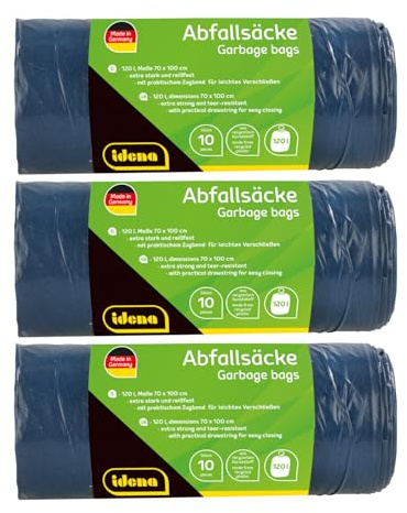 Idena 50056-3 - Abfallsäcke Set, 3 Rollen mit jeweils 10 Stück, blau, 120 Liter, 40µ extra stark und reißfest, mit praktischem Zugband, Zugbandsäcke