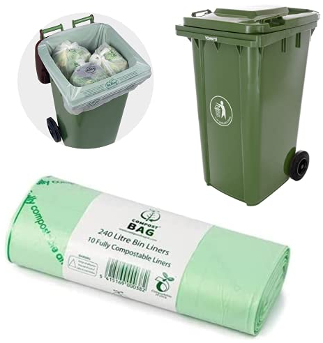 The Compost Bag Company 240 Litres x 10 Compostable Wheelie Bin Liners, Compost Bags for Garden Kitchen Office and house, 100% Biodegradable Bin Bags (Green)