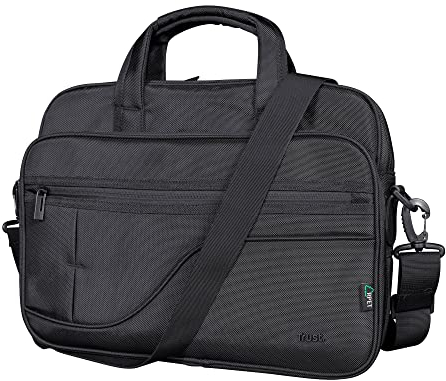 Trust Sydney Eco Bolsa de Plástico Reciclado para Portátil de hasta 17,3, Correa Ajustable para Hombro y Bolsillos para Accesorios, Bandolera para Viajes, Oficina, Trabajo, Universidad - Negro