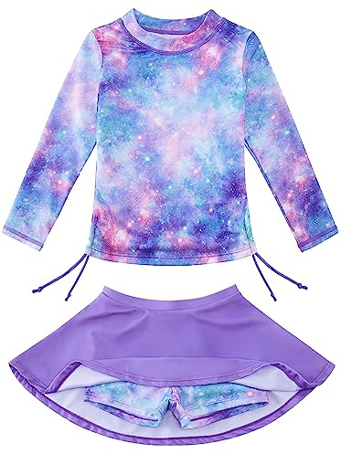 swimsobo Girls Bathing Suits Size 5 6 Purple Starry Sky Rash Guard Long Sleeve Swimsuit Two Pieces Swimming Skirt Swimwear with Shorts