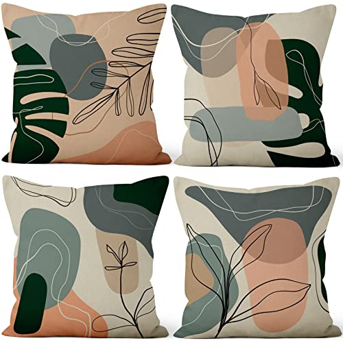 Aoihrraan 41x41cm 4er Set Dekorativ Boho Kissenbezug Herbst Laub Minimalismus Geometrisch Quadratische Sofakissen Dekokissen Aus Leinen Bauernhaus Wohnzimmer Schlafzimmer Draussen Patio Garten Sofá