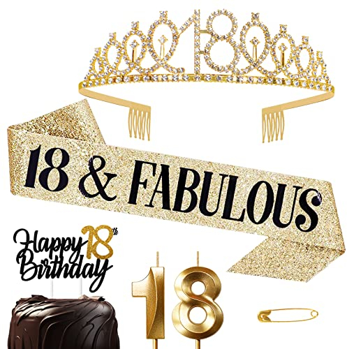 Jonvell Corona y Faja de Oro para Cumpleaños 18 Años - Tiara de Diamantes, Cinturón, Velas Topper para Torta - Regalo y Decoración para Niñas