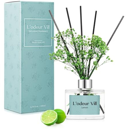 L'odeur Vill Raumduft Reed Diffuser mit 6 Duftstäbchen 200ml-Zitrone, Natürlich, Langanhaltend, Home Duft ätherisches Öl Reed Diffusor für Badezimmer Regal Dekoration