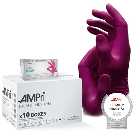 AMPri Guantes de nitrilo, magenta, rosa, 10 cajas de 100 unidades, talla XS, sin polvo, estilo granadina by Med-Comfort: guantes desechables de nitrilo en las tallas XS, S, M, L, XL