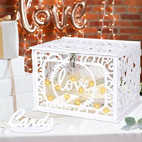 White PVC Wedding Card Box with Lock for Reception Baby Shower Birthday | Wedding Post Box with String Lights, Hollow Card Box Wedding with Cards Sign, Great Size to Hold More Cards, Easy to Assemble