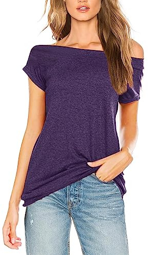 CGGMVCG Top da Donna con Scollo a Barchetta Manica Corta Spalle Scoperte Tinta Unita Casual Allentata Maglietta Top t-Shirt da Donna
