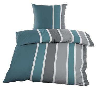 Julido Micro Fleece Bettwäsche Set 135x200cm 2 teilig mit Reißverschluss Kuschlige Winterbettwäsche Streifen Petro Grau Weiß
