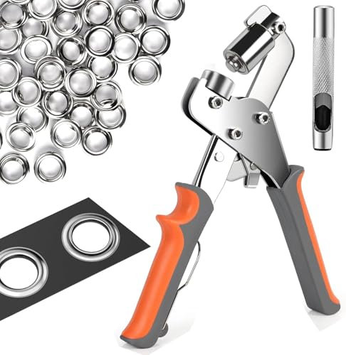 Pinze per Occhielli per Teloni e Tessuti - Set di Occhiellatrice per Teloni Professionali con 500 Occhielli (Ø 10 mm), Occhiellatrice Manuale con Magneti per Occhielli in Acciaio