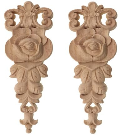 Hezhou 2 Stück Holz Ornament Holzornamente für Möbel Vintage Deko | Geschnitztes Holz Skulptur Applique Onlay Lange Geschnitzte Holzschnitzerei Applikation Unbemalte für Möbel
