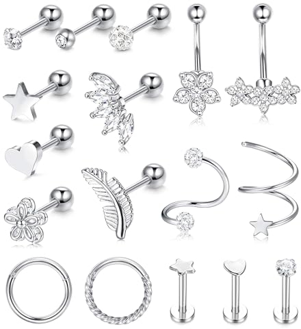 LOLIAS 17 Stück Helix Piercings 316L Chirurgenstahl Piercing Ohr Silber Helix Conch Tragus Piercing Set Damen