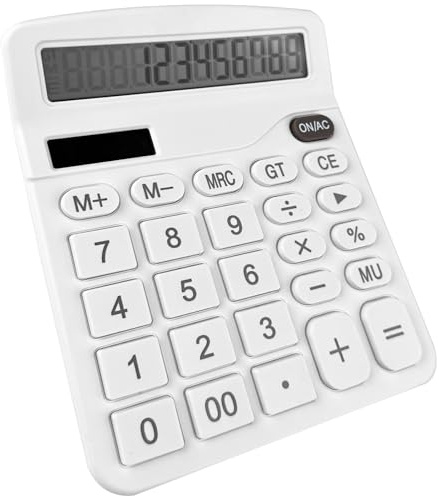 Newaner Kalkylator, kontorsskrivbord miniräknare med 12 siffror LCD-display, fickkalkylator standardfunktion för kontor och skola, skrivbordsräknare med stora knappar, vit
