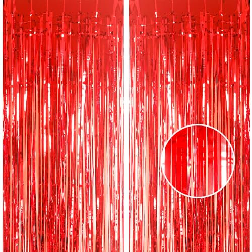 2pcs 3.2 x 8.3ft Glitter Red Tinsel Curtain Streamers Door Fringe Foil Curtain Backdrop Christmas Party Decorations for Girls Women Hen Do Birthday Engagement Graduation Party Decor Banner Red