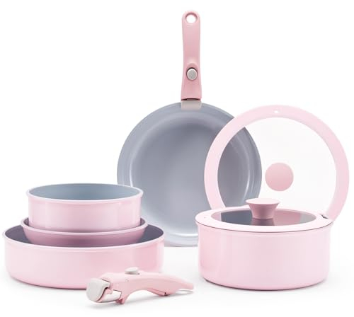 Vkoocy Pink Non Stick Pot and Pan Sets with Removable Handle, Ceramic Cookware Set Detachable Handle, Induction Kitchen Camping Stackable Pots Pans, Dishwasher/Oven Safe, PTFE/PFOA/PFOS Free