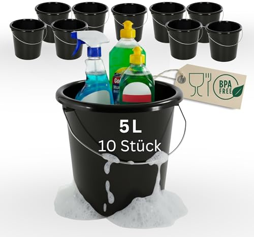 Novaliv 10 Stück Eimer 5L Schwarz mit Maßeinteilung - Putzeimer 5 Liter ? 22,5 cm Praktischer Allrounder mit Skala für Haushalt & Garten ideal als Haushaltseimer, Wassereimer, Wischeimer, Bucket