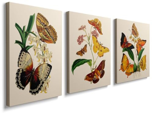 prinfantasy Set of 3 Canvas Wall Art Wooden Framed Abstract Butterfly Painting Print Pictures Poster Home Office Wall Decor Living Room Bedroom Hallway Stairs Decoration Ready To Hang GYH0003