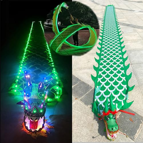 EXCLURA Jongliertücher Rot/Grün/Blaues Geführtes Drache-Poi-Band, Schleuderndes Drachen-Poi, Leuchtendes Jonglier-Requisit, Drachenband-Streamer mit Kopf für Park/Hof(Color:Green,Size:10 m (33 ft))