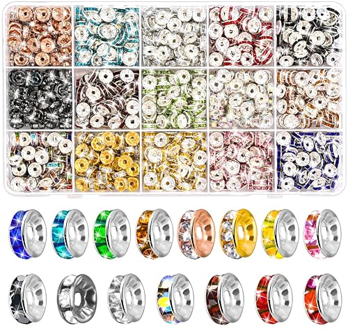 900 Stück 8mm Strass Zwischenperlen Set, 15 Farben Bunte Spacer Beads Flache Runde Lose Perlen zum Auffädeln, Kristall Abstandshalter für DIY Basteln Armbänder Halsketten Ohrringe (1)
