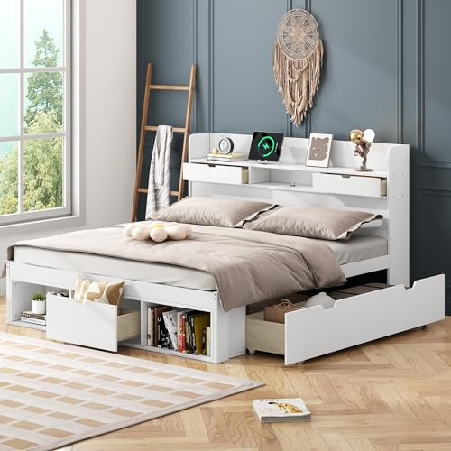 Kinderbett Doppelbett 180x200, Stauraumbett Funktionsbett mit USB-Port & Schubladen & Stauschrank, Multifunktionales Bett Jugendbett mit Großer Stauraum und Lattenrost, Massivholz, Ohne Matratze Weiß