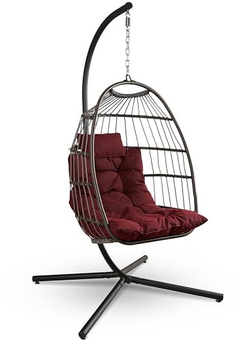 SereneLife Sedia a Dondolo a Uovo con Supporto, Capacità Fino a 250 Kg, Sedia Sospesa Poltrona a Dondolo in Rattan con Struttura in Acciaio Verniciato a Polvere per Casa e Giardino con Cuscino