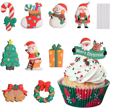 URROMA Decorazioni per Torte Natalizie, 10 Pezzi, in Gomma Morbida, Stecca Staccabile, Decorazioni per Torte di Natale, Albero di Natale, Campane