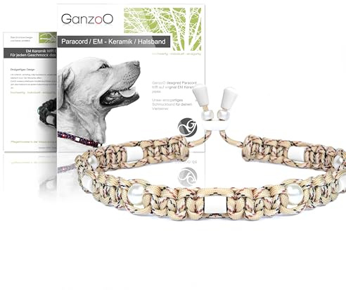 Ganzoo Paracord 550 Hunde-Halsband mit EM Keramik, Zierhalsband mit Zierperlen und EM Tubes Pipes im Polyester Nylon-Mantel, Größe XS 26-32 cm, verstellbar per Kordelstopper, Wüsten Camouflage