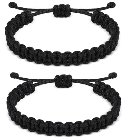 Maitys Pack of 2 Paracord Survival Bracelets for Men Braided Paracord Wristband Adjustable Tactical Handmade Unisex Friendship Bracelets Rope for Outdoor Sports Camping Hiking Travelling Gift, Black