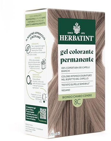 Herbatint Gel Colorante Permanente per Capelli 8C Biondo Chiaro Cenere - 170 ml | Senza Ammoniaca, 100% Copertura Capelli Bianchi | per Pelli Sensibili, con 8 Estratti Naturali Bio