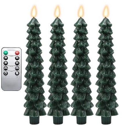 4pcs Led Christmas Tree Candles - Battery Operated Green Led Tapered Candles with Remote Control Timer for Home Decor
