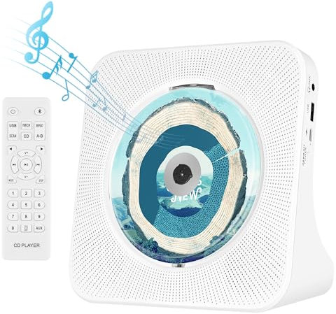 Lecteur CD Bluetooth avec Haut-Parleurs HiFi Intégrés, Lecteur Audio CD avec Télécommande, Radio FM, Prise Casque, Fonction d'arrêt Programmé, Compatible avec Les Interfaces AUX/USB, Couleur Blanche.