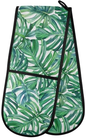 Gants de cuisine doubles avec feuilles de Monstera et palmier tropical sur blanc - Résistants à la chaleur - Matelassés - Pour barbecue, pâtisserie, cuisine