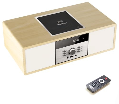 Nostalgic Bluetooth Stereo System for Home, WISCENT Vintage Micro HiFi Systems CD Player,with Bluetooth Audio Streaming,FM Radio,USB Port,Aux-in,Earphone Port (Wood Color)