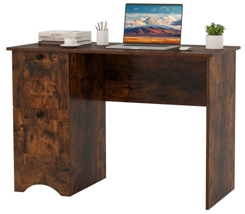GIANTEX Scrivania per computer in legno con 2 cassetti, 109 x 50 x 75 cm, tavolo da lavoro salvaspazio, scrivania per ufficio, camera da letto (marrone rustico)