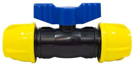 S&M 738012 – Llave de Esfera con Bocas Iguales de Ø 25 mm | Rácor de Polietileno de Color Amarillo y Negro | Enlace con válvula de Apertura y Cierre para tuberías de riego de 25 mm, Apto Alta presión