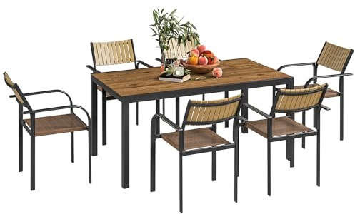 Outsunny Set Tavolo da Giardino Allungabile con Sedie da 7 Pezzi, Set da Pranzo con Tavolo con Piano in DPC, 6 Sedie da Esterno Impilabili con Braccioli, Set di Mobili in Acciaio e Textilene, Marrone