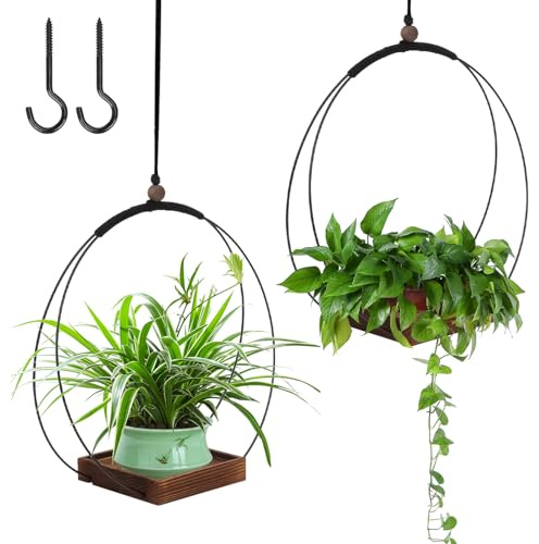 2Pcs Hanging Plant Pot,Hanging Decoration Pot Basket with Wood Base,Planter Holder for Indoor Plants Succulents Air Plants Cactus