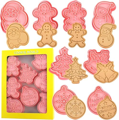 Christmas Cookie Cutter Set, 8 Pieces 3D Pressable Christmas Cookie Stamps- Gingerbread Man, Christmas Tree, Snowman, Santa, Bells, Snowflake and Ornament